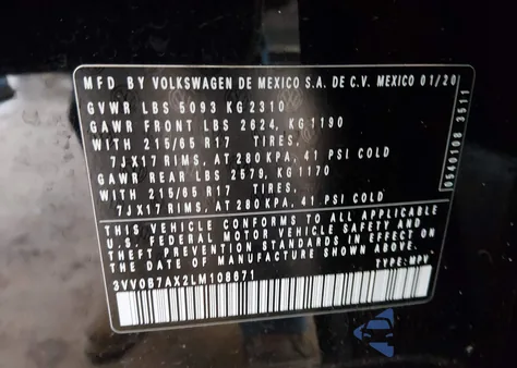 2020 Volkswagen Tiguan 2.0T S из США, поврежденный, VIN 3VV0B7AX2LM108671